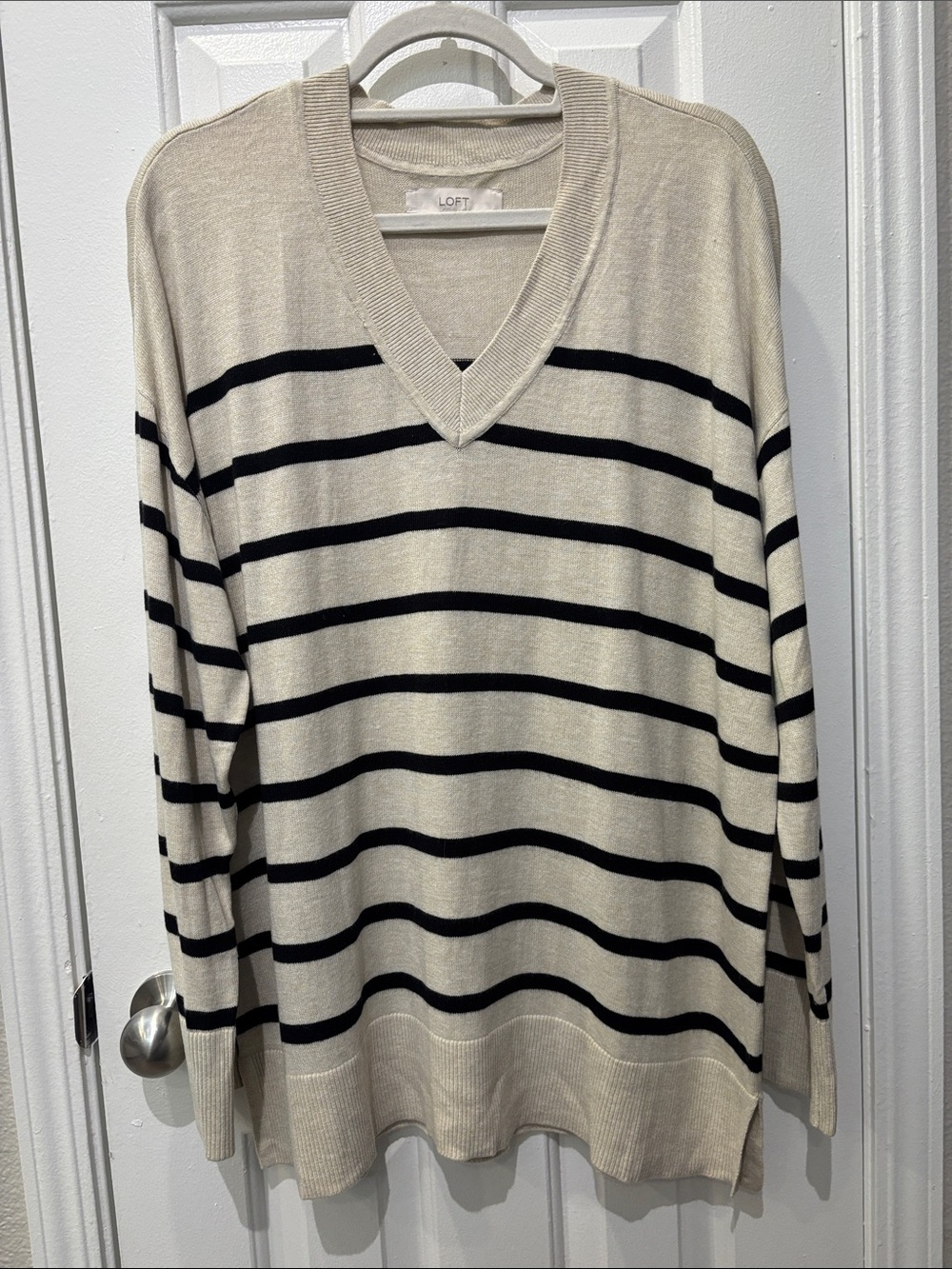 LOFT Tan and Black Striped V-Neck Sweater